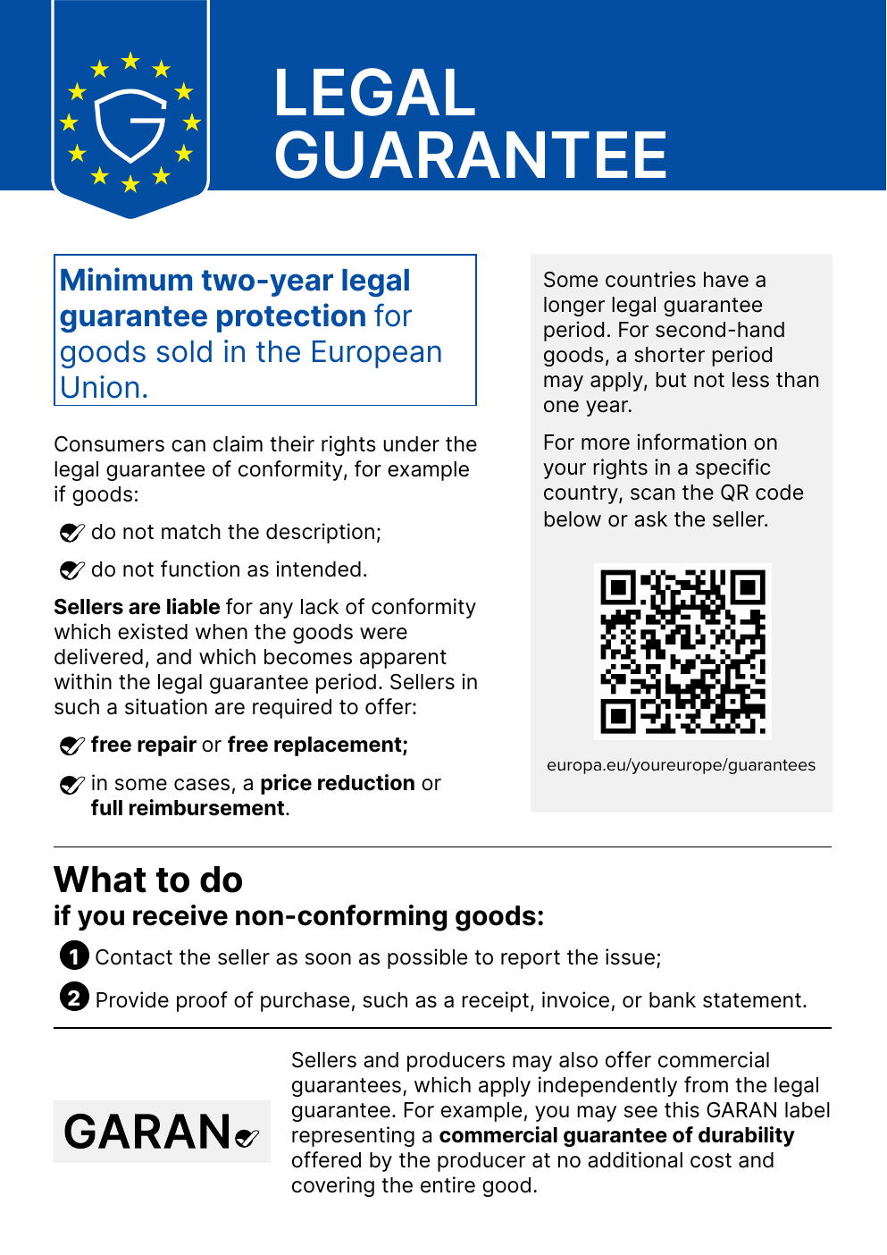 Harmonised notice on the legal guarantee of conformity